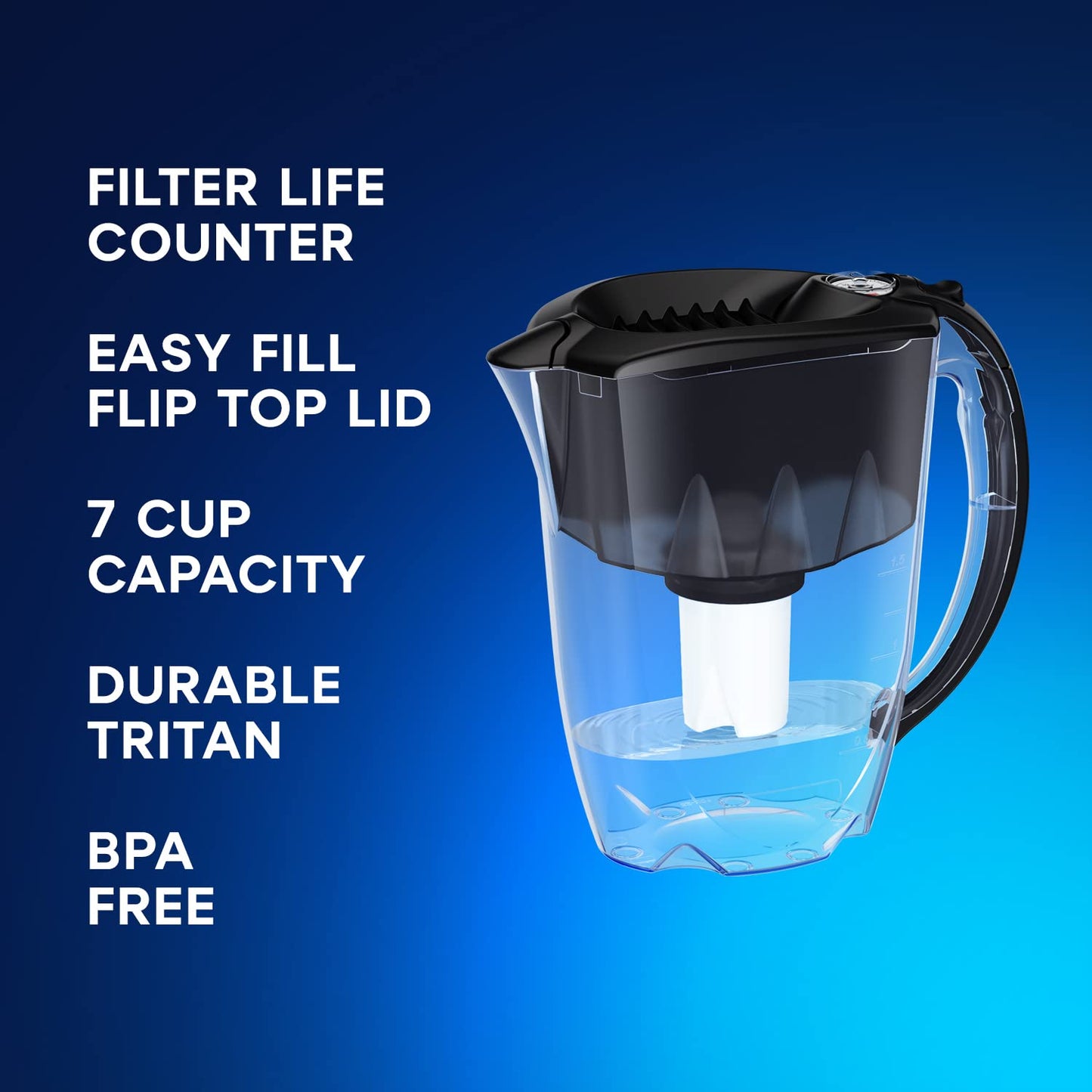 7-Cup Water Filtration Pitcher - Black, Includes 1 x B15 Filter