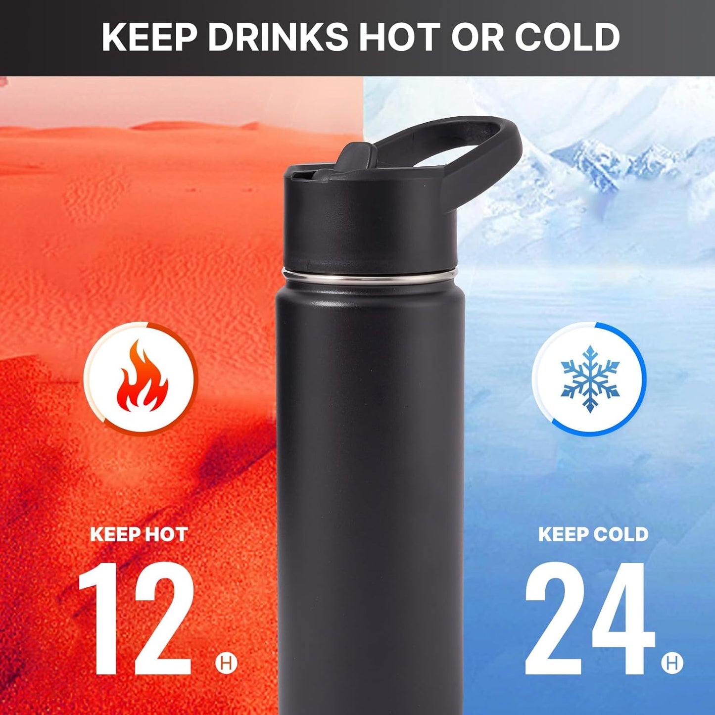 Metal Water Container with Straw and Broad Opening Cap, Stainless Steel